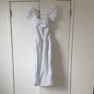 Hill House White Polka Dot Ruffle Midi Dress – Off-Shoulder Cotton Sundress